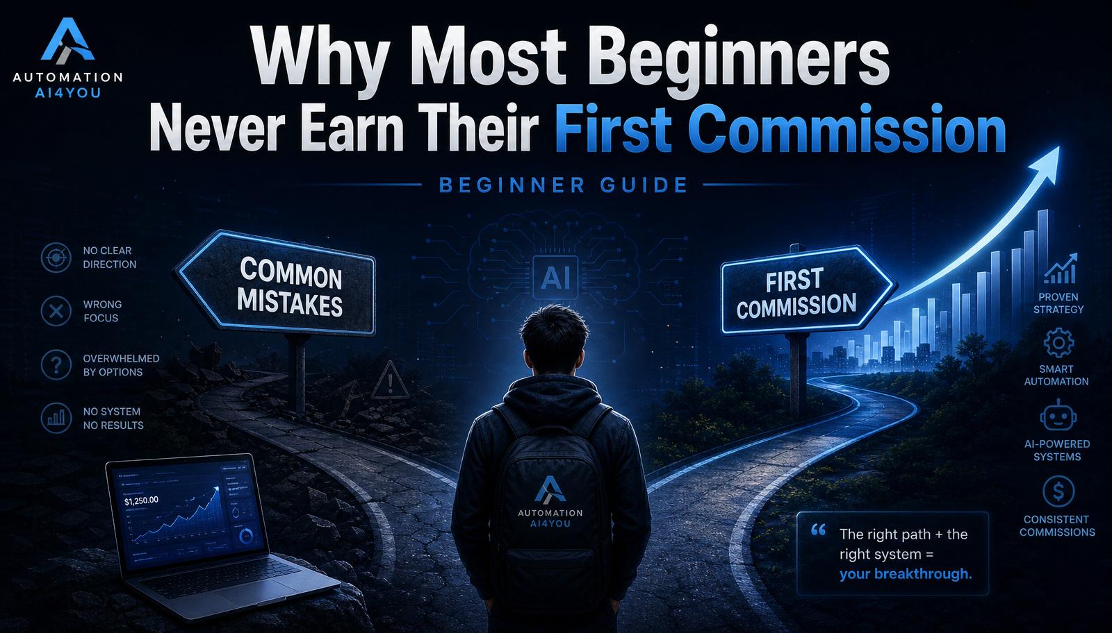 Illustration showing the path from beginner mistakes to earning a first affiliate commission.